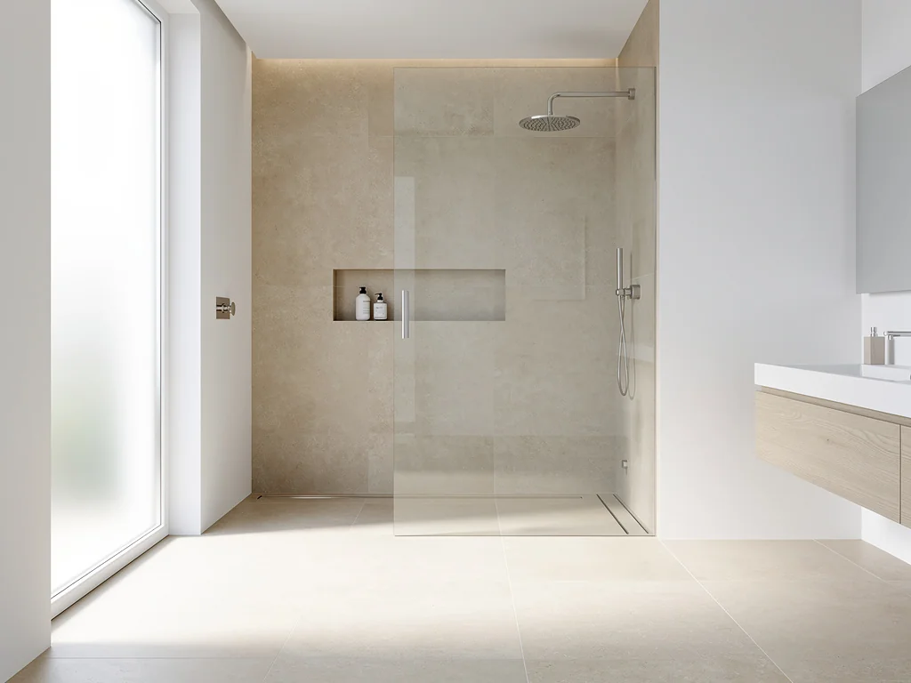 Douche à l'italienne et carrelage beige grand format dans une salle de bain refaite