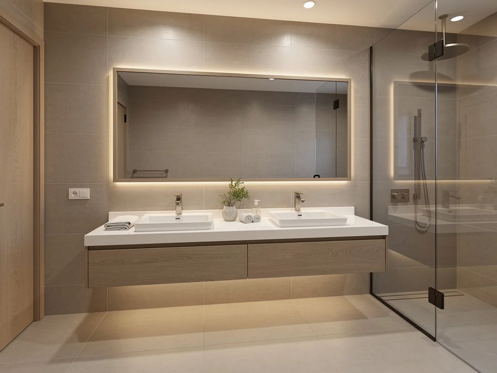 Salle de bain moderne avec meuble suspendu, double vasque et grand miroir