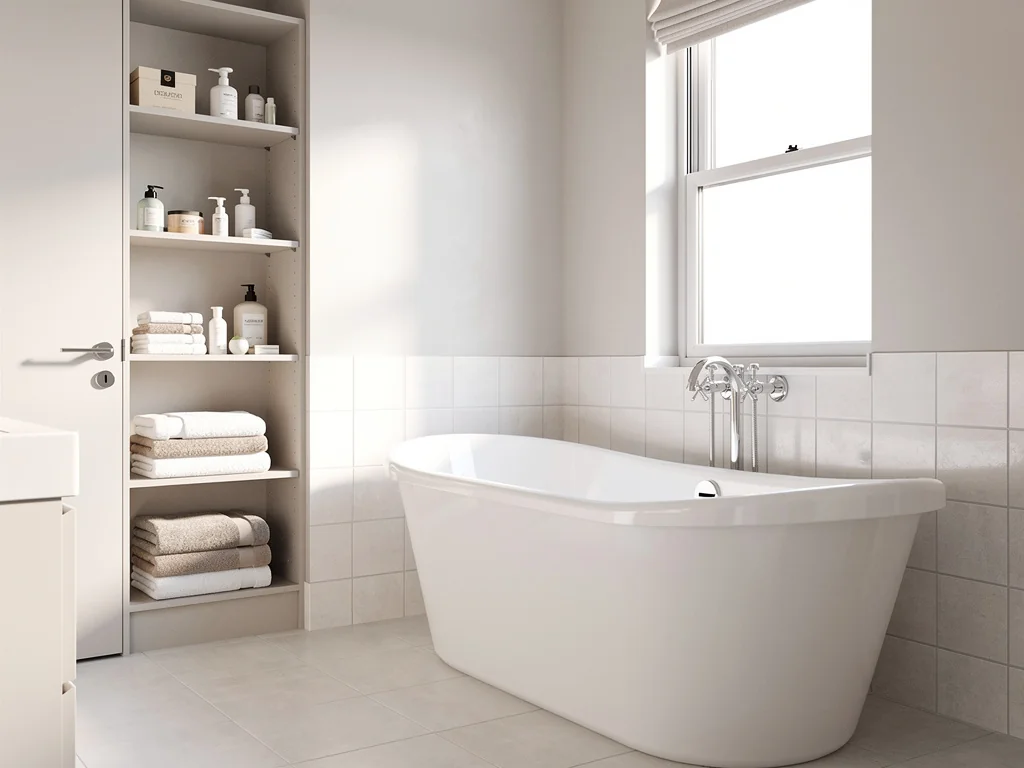 Petite salle de bain lumineuse avec baignoire et rangements sur mesure