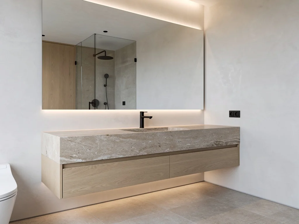 Salle de bain contemporaine avec vasque en pierre et robinetterie noire mate