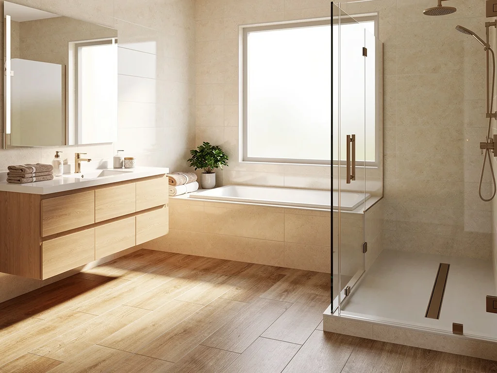 Salle de bain familiale avec sol imitation bois et douche de plain-pied sécurisée